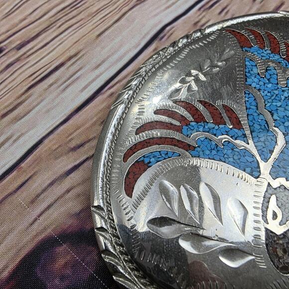 Vintage Handcrafted Inlay Belt Buckle Silver Tone Turquoise Eagle Western 3 Inch - Picture 5 of 11